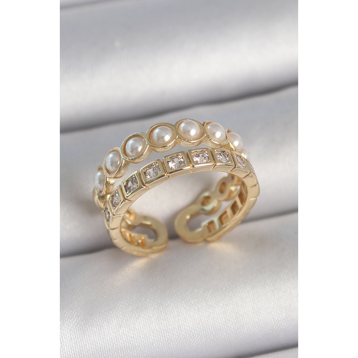 Pirinç Gold Renk 2Li Zirkon Taşlı Ve İncili Ayarlanabilir Kadın Yüzük - Lisinya