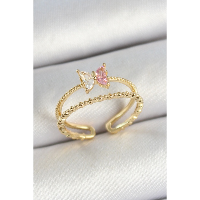 Pirinç Kelebek Figürlü Zirkon Taşlı Gold Renk Ayarlanabilir Kadın Yüzük - Lisinya