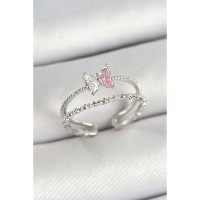 Pirinç Kelebek Figürlü Zirkon Taşlı Gümüş Renk Ayarlanabilir Kadın Yüzük - Lisinya
