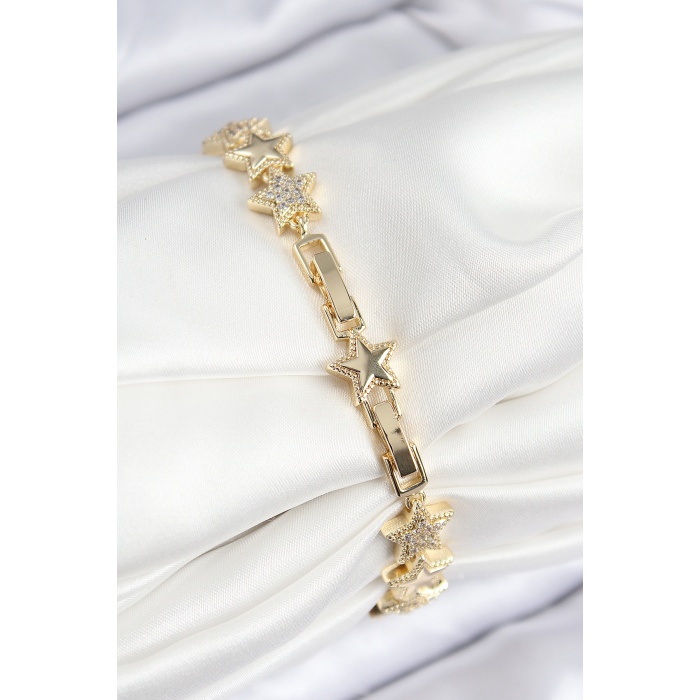 VIP Pirinç Zirkon Taşlı Yıldız Model Gold Renk Kadın Bileklik - Lisinya