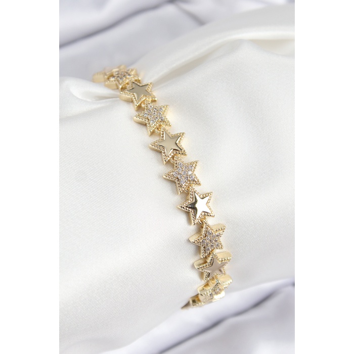 VIP Pirinç Zirkon Taşlı Yıldız Model Gold Renk Kadın Bileklik - Lisinya