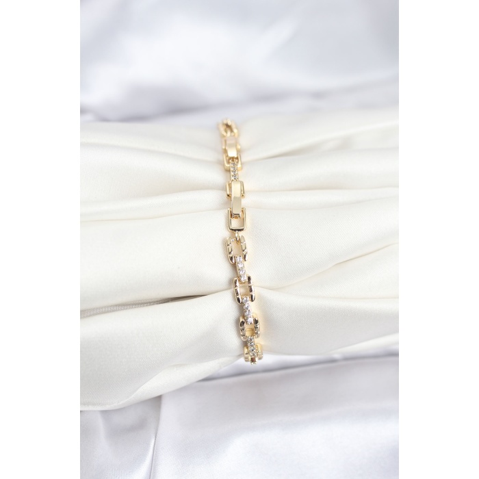 Pirinç Gold Renk VIP Seri Zincir Model Zirkon Taşlı Kadın Bileklik - Lisinya