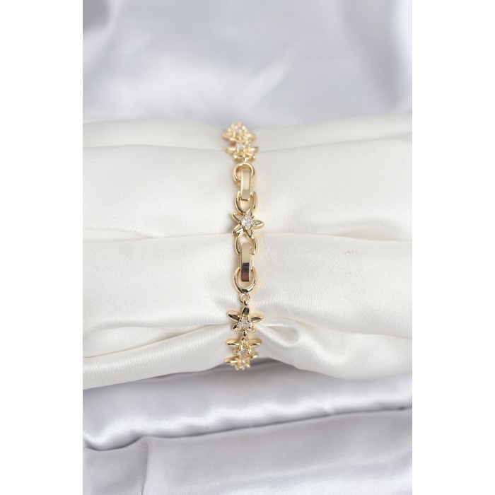 Pirinç Gold Renk VIP Seri Sıralı Taşlı Yıldız Model Zirkon Taşlı Kadın Bileklik - Lisinya