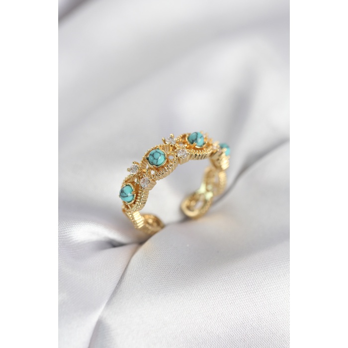 Mavi Taşlı Gold Renk Vintage Kadın Yüzük - Lisinya