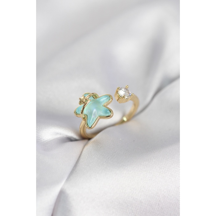 Gold Renk Turkuaz Yıldız Model Kadın Yüzük - Lisinya