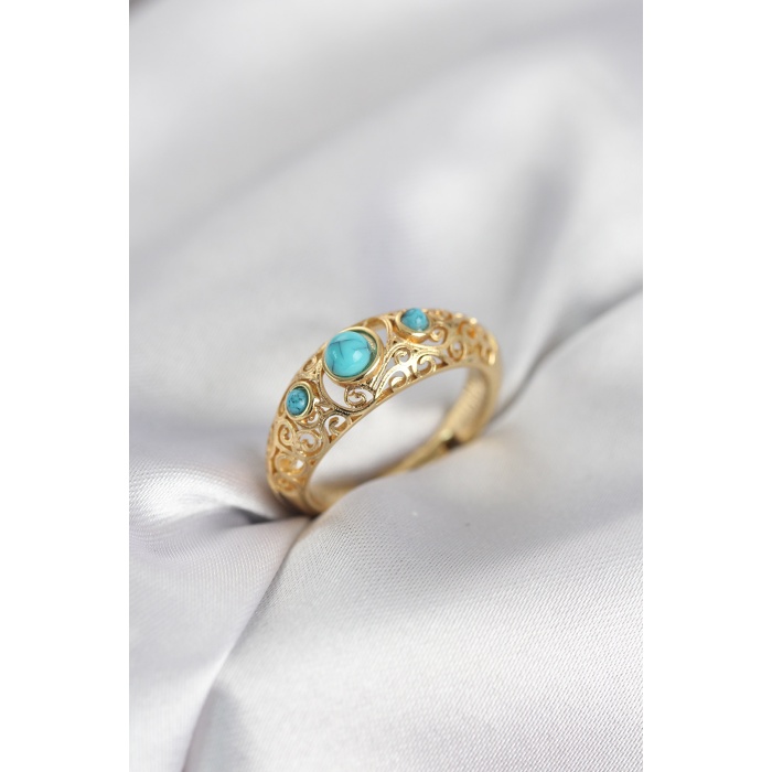 Vintage Model Mavi Taşlı Gold Renk Kadın Yüzük - Lisinya