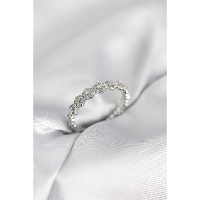 Sıralı Çiçek Model Gümüş Renk Zirkon Taşlı Kadın Yüzük - Lisinya