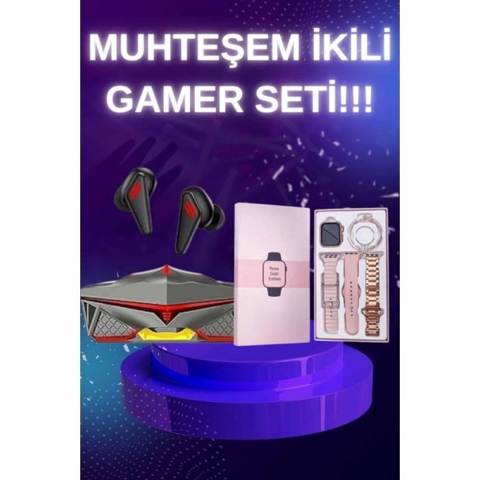 Yeni Nesil Pembe Dokunmatik Ekran Akıllı Saat ve Oyuncu Kulaklığı Kablosuz Bluetooth Kulaklık - Lisinya