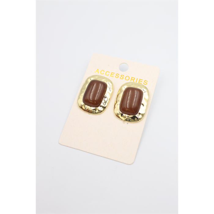 Taşlı Metal Küpe - Kahverengi