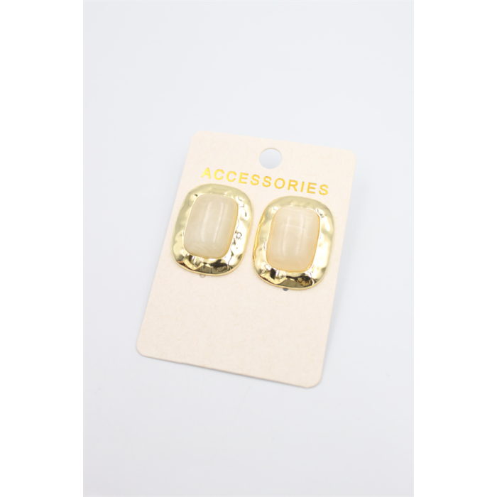 Taşlı Metal Küpe - Krem