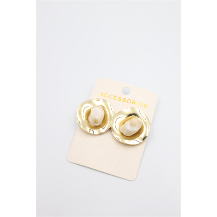 Taşlı Metal Küpe - Krem