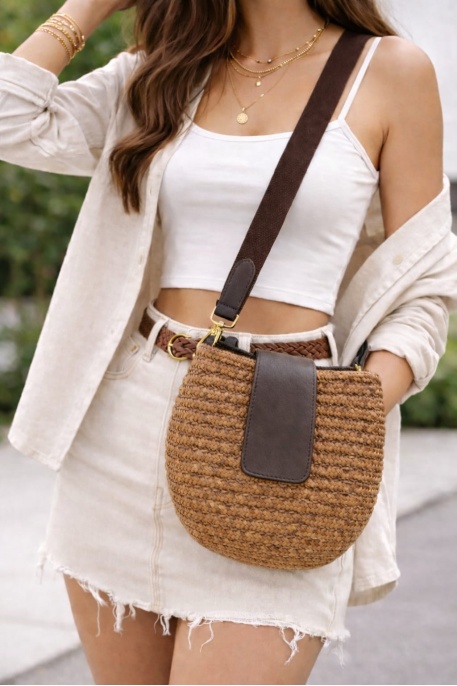 Mira Hasır Görünümlü Kadın Çapraz Çanta Kahve