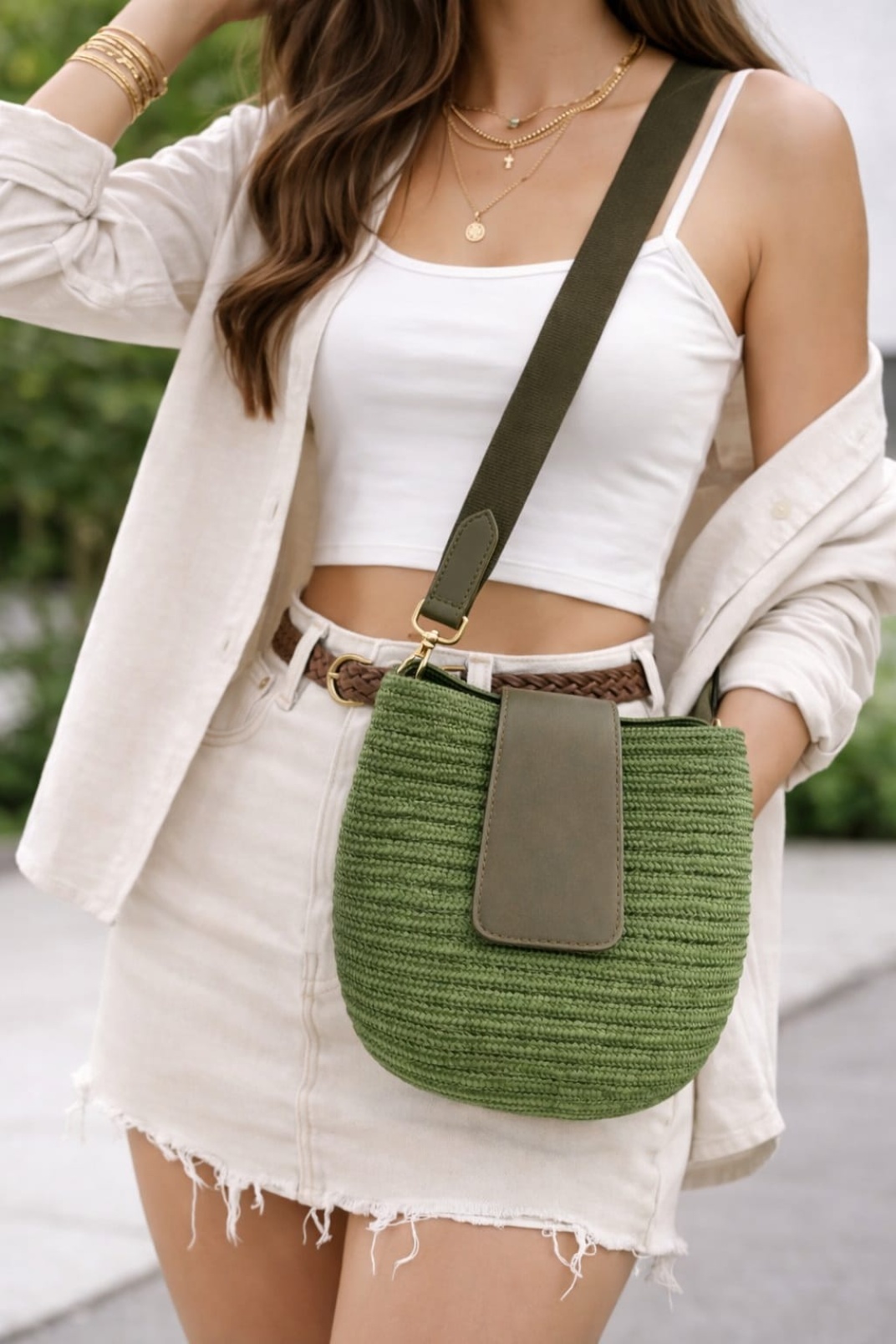 Mira Hasır Görünümlü Kadın Çapraz Çanta Yeşil
