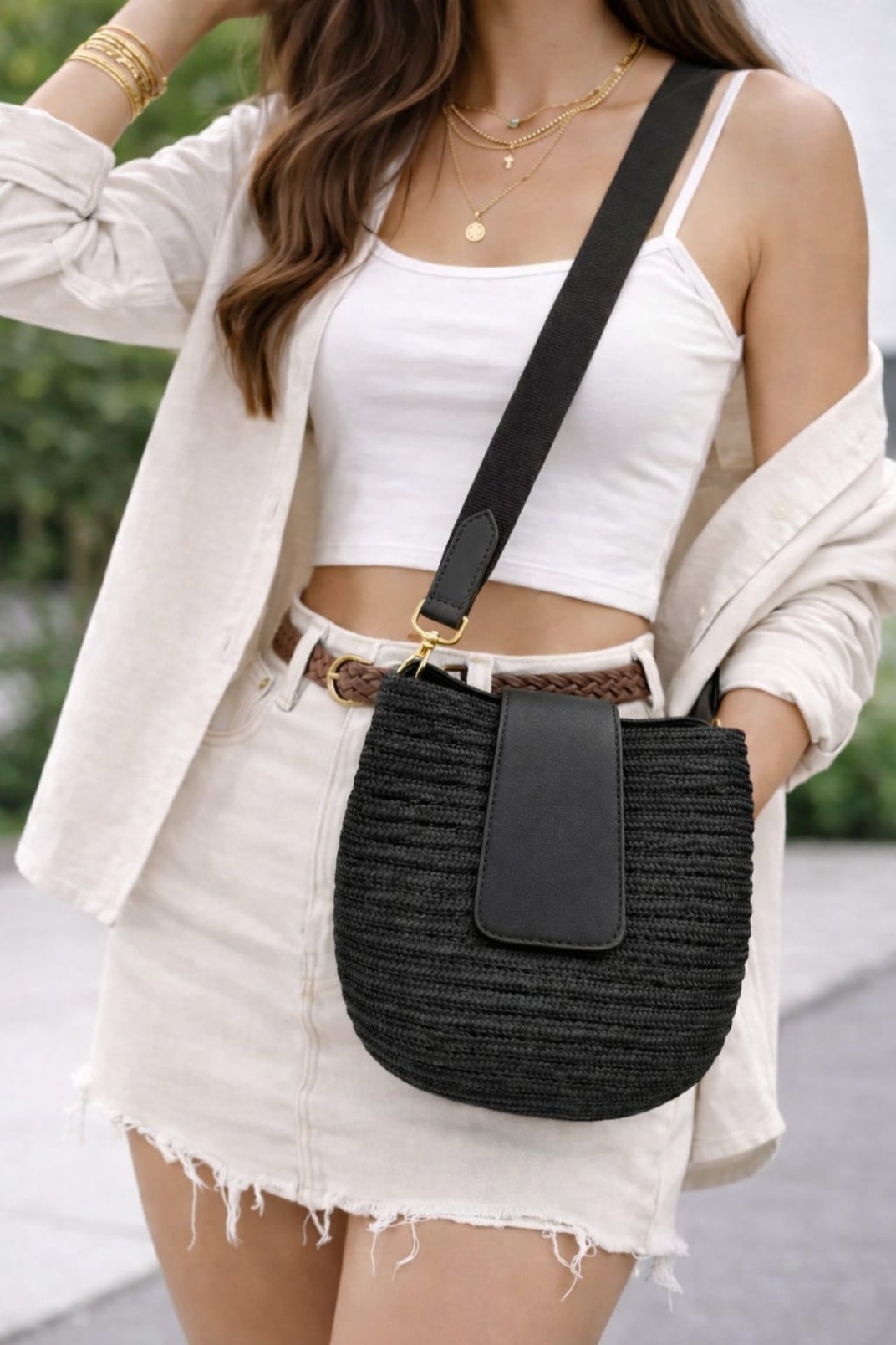 Mira Hasır Görünümlü Kadın Çapraz Çanta Siyah