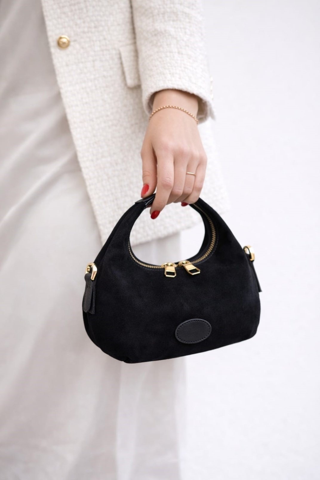 AURA-Hakiki Deri Süet Kadın El ve Omuz Çantası Siyah