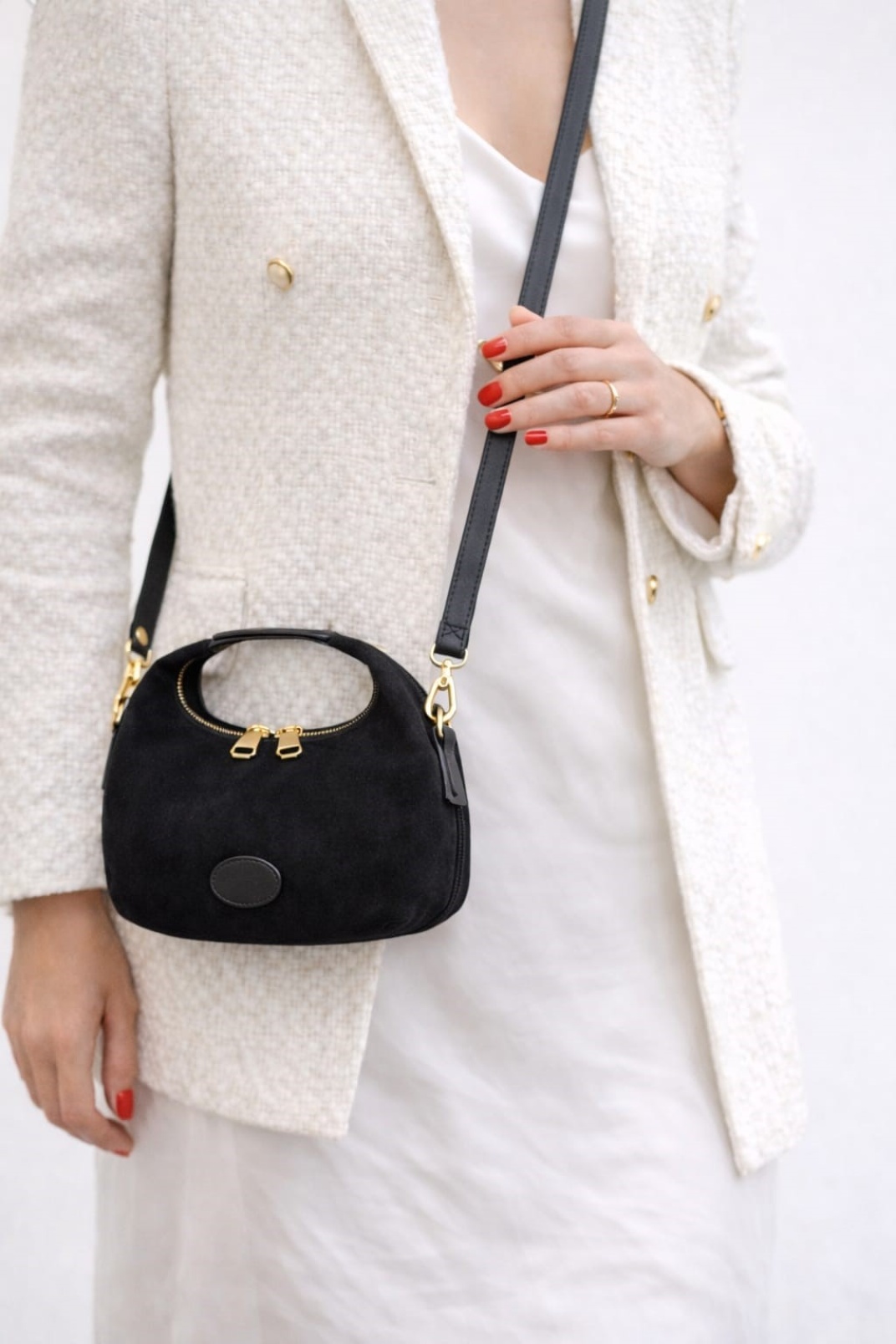 AURA-Hakiki Deri Süet Kadın El ve Omuz Çantası Siyah