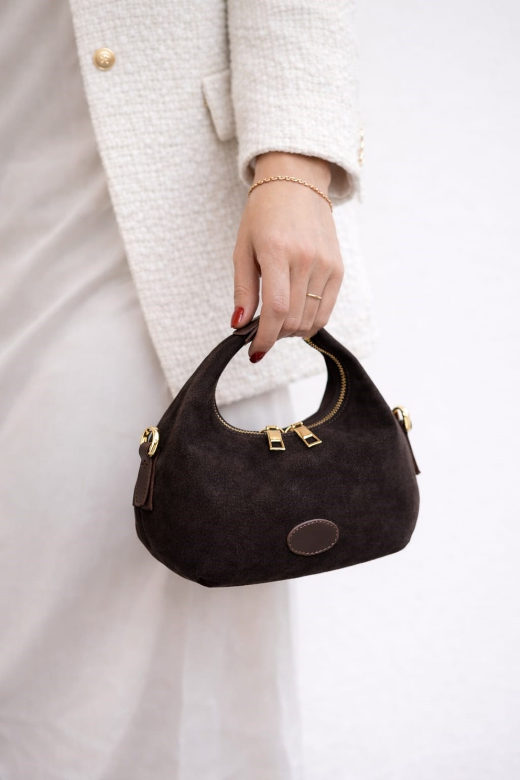 AURA-Hakiki Deri Süet Kadın El ve Omuz Çantası Kahve