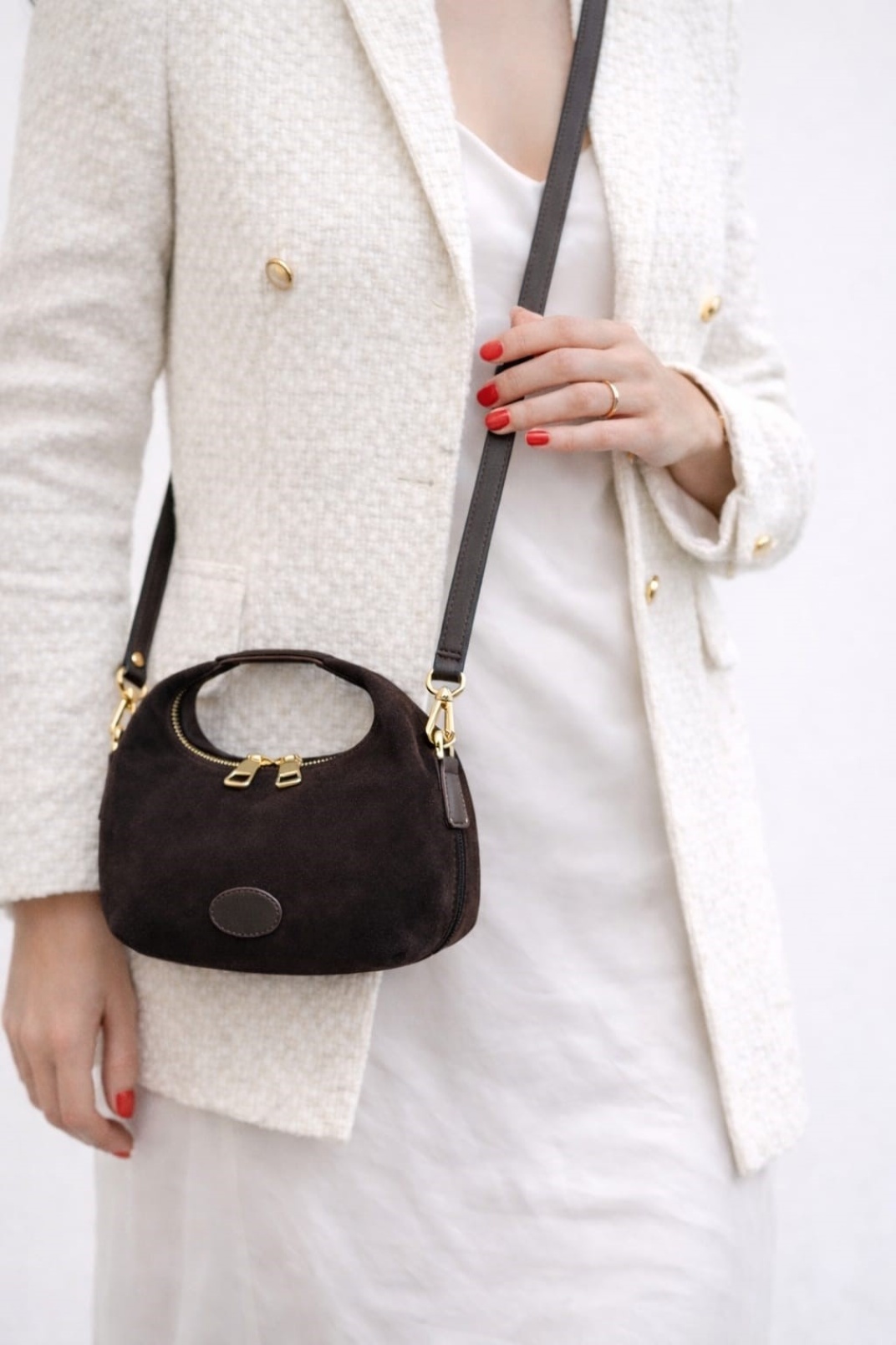 AURA-Hakiki Deri Süet Kadın El ve Omuz Çantası Kahve