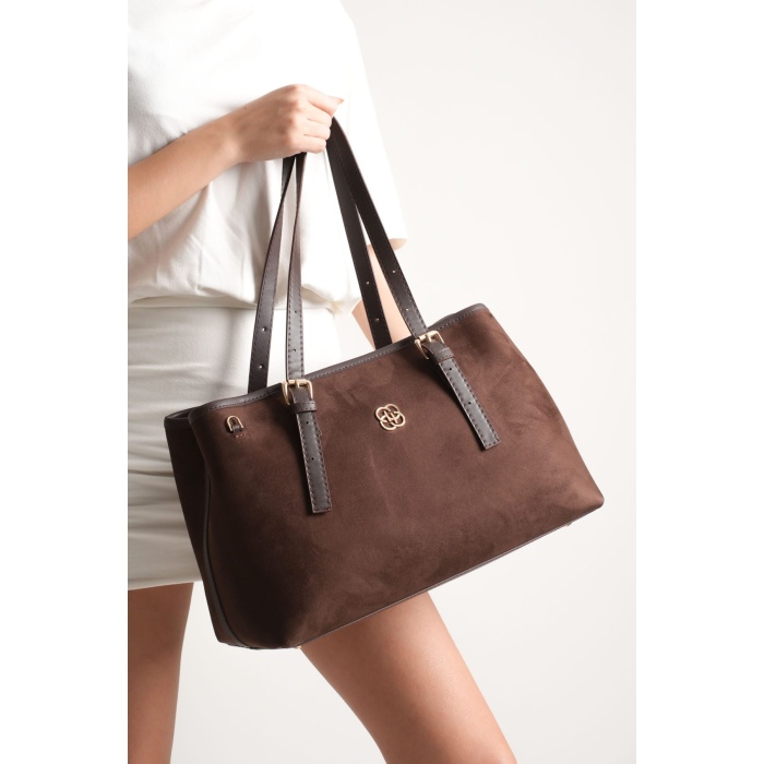 Alena Kadın Büyük Omuz ve Kol Çantası Kahve Süet-Günlük Kullanım