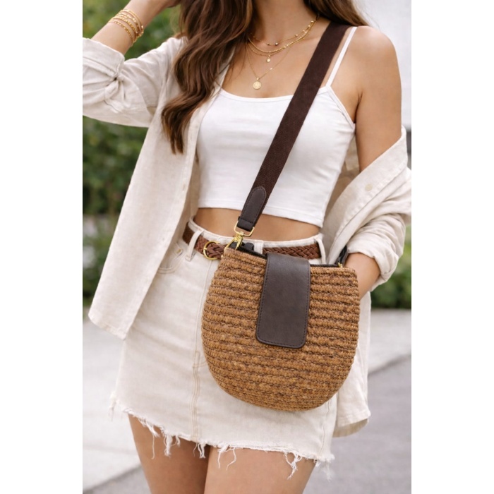 Mira Hasır Görünümlü Kadın Çapraz Çanta Kahve