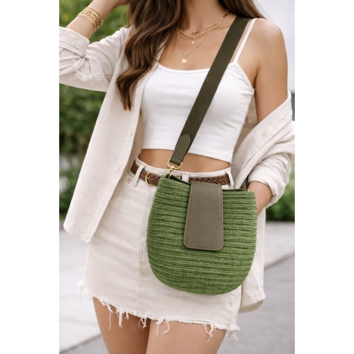 Mira Hasır Görünümlü Kadın Çapraz Çanta Yeşil