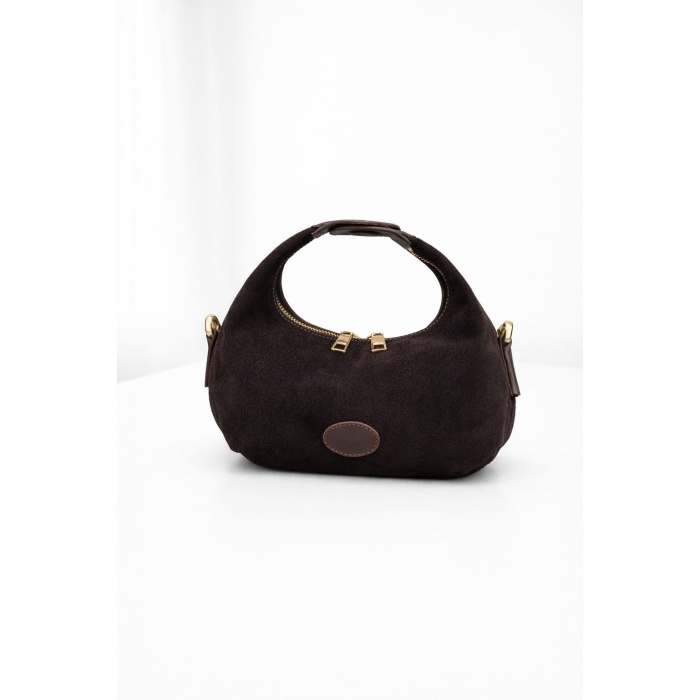 AURA-Hakiki Deri Süet Kadın El ve Omuz Çantası Kahve