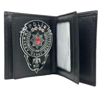 Klasik Cüzdan Siyah Metal Rozetli Hakiki Deri