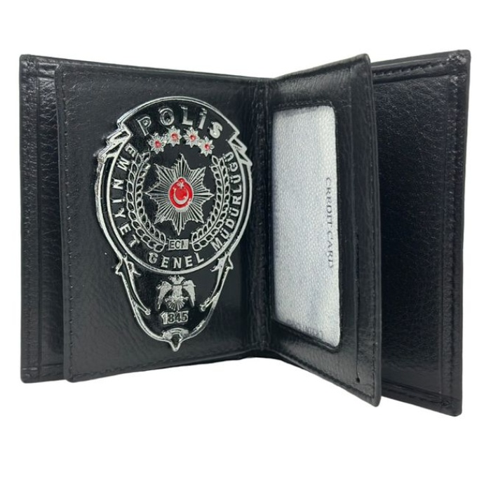 Klasik Cüzdan Siyah Metal Rozetli Hakiki Deri