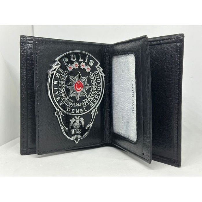 Klasik Cüzdan Siyah Metal Rozetli Hakiki Deri