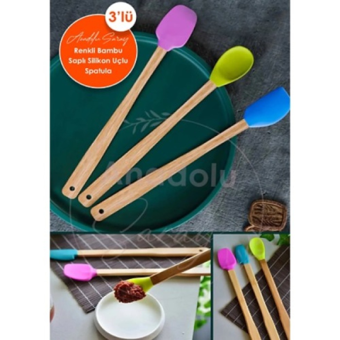 Silikon Uçlu Isıya Dayanıklı Bambu Spatula 3Lü Set
