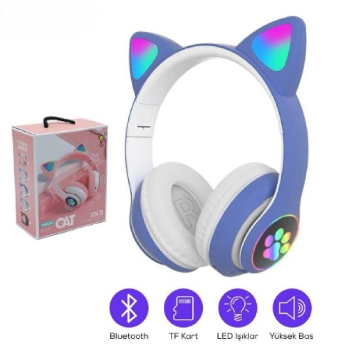 Kedi Figürlü Bluetooth Kulaklık Mavi Renkli
