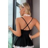 Kadın Siyah Dantel ve Tül Detaylı Tokalı Tanga Külotlu Hizmetçi Kostümü – Modern ve Şık Tasarım