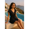 Kadın Siyah Yanları Yırtmaçlı Tokalı V Yaka Mini Plaj Elbisesi – Şık, Rahat ve 4 Mevsim Kullanıma Uygun