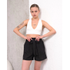Kuşaklı keten şort siyah s255265
