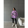 3 iplik şardonlu oversize true baskılı sweat mor