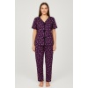Kadın Mor Kalp Desenli Fiyonklu Kısa Kollu Uzun Pijama Takımı