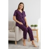 Kadın Mor Kalp Desenli Fiyonklu Kısa Kollu Uzun Pijama Takımı