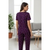 Kadın Mor Kalp Desenli Fiyonklu Kısa Kollu Uzun Pijama Takımı