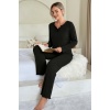 Kadın Siyah Uzun Kollu Fiyonklu Yuvarlak Yaka Mevsimlik Pijama Takımı