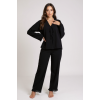 Kadın Siyah Önden Bağlamalı Kolu ve Paçası Fırfır Detaylı Uzun Kollu Pijama Takımı