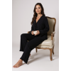 Kadın Siyah Önden Bağlamalı Kolu ve Paçası Fırfır Detaylı Uzun Kollu Pijama Takımı
