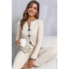 Kadın Ekru Fitilli Şık Pijama Takımı – Fiyonk Detaylı Rahat Ev Giyim Seti