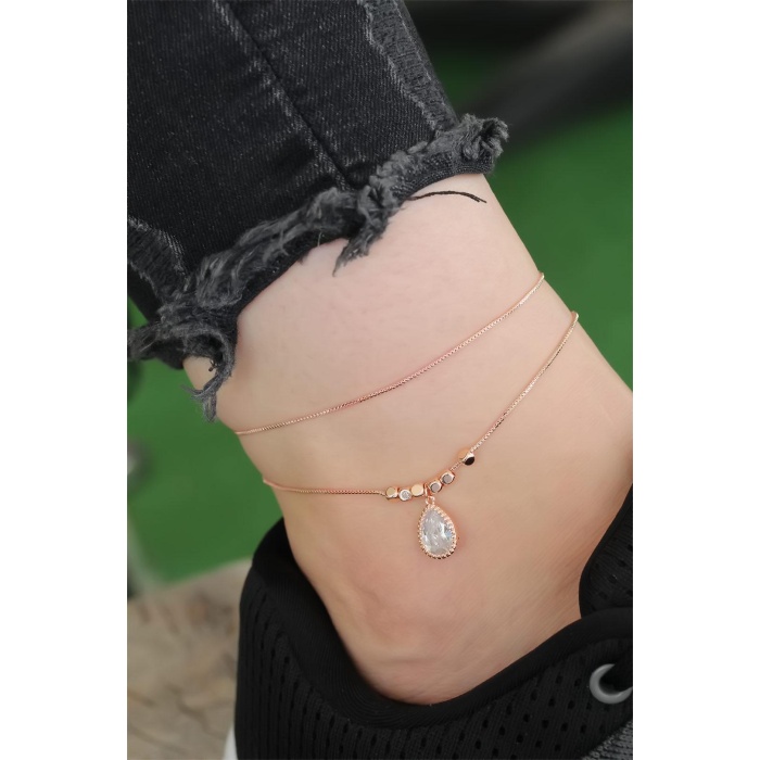 Rose Gold Renk Zirkon Damla Taşlı Halhal