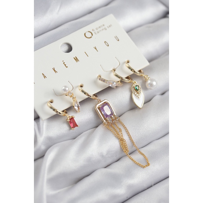 Pirinç Zirkon Taşlı Sallantılı Ve İncili Gold Renk 6lı Küpe Set