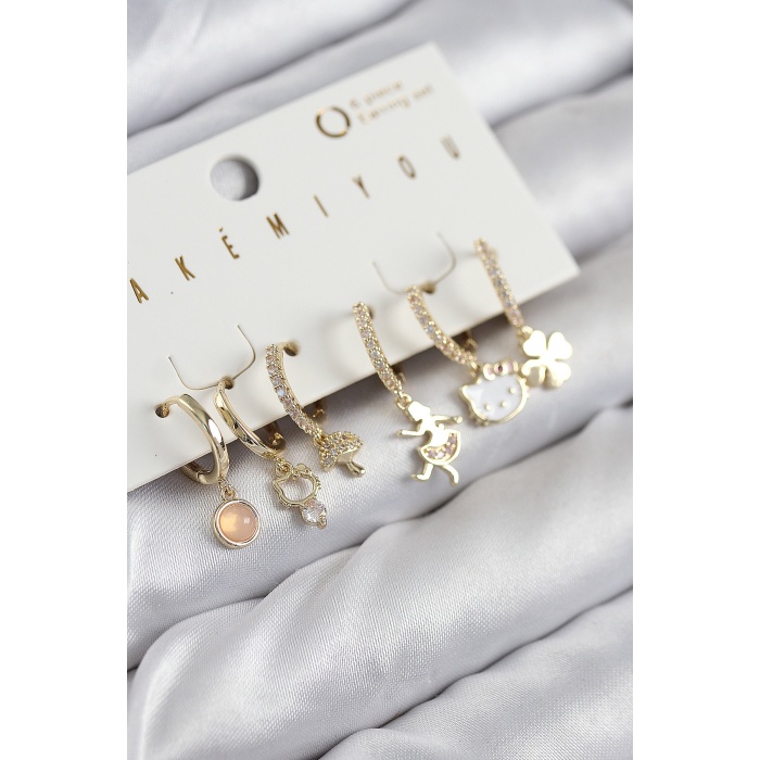 Pirinç Zirkon Taşlı Hello Kity Ve Yonca Model Gold Renk 6lı Küpe Set