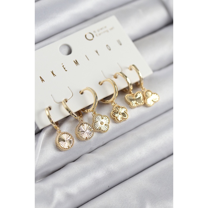 Pirinç Zirkon Taşlı Yonca Model Gold Renk 6lı Küpe Set