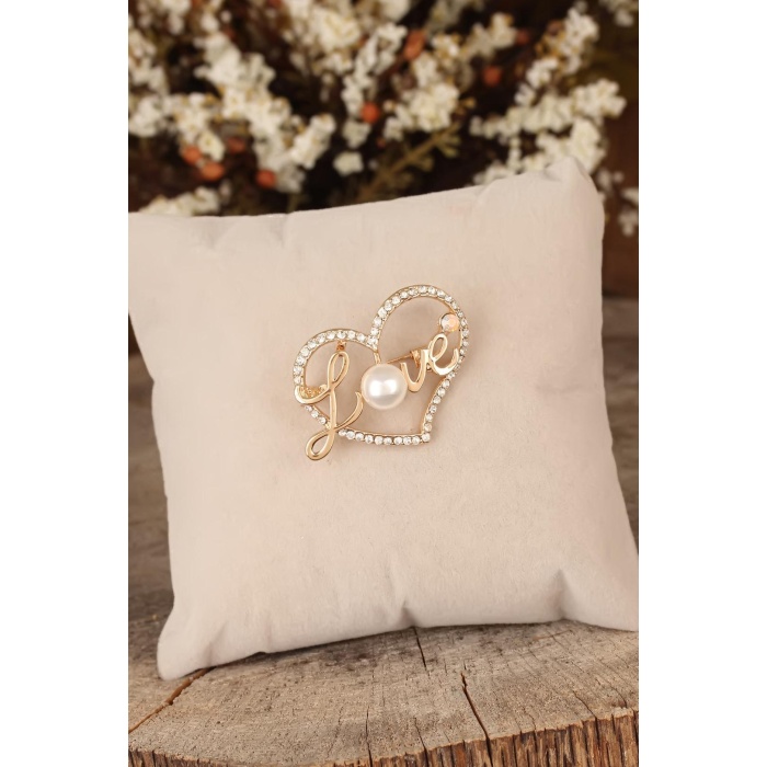 Zirkon Taşlı Love Yazılı Kalpli Broş
