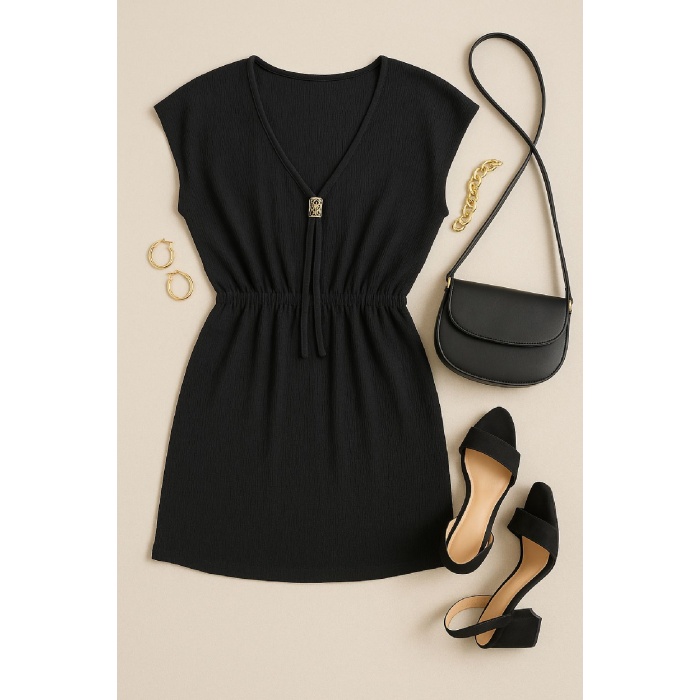 Kadın Siyah Yanları Yırtmaçlı Tokalı V Yaka Mini Plaj Elbisesi – Şık, Rahat ve 4 Mevsim Kullanıma Uygun