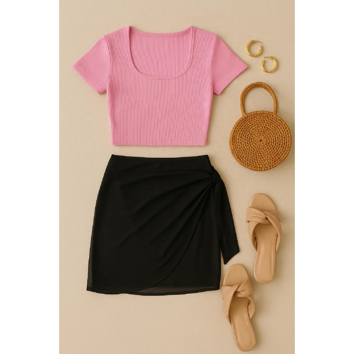 Kadın Pembe Yarım Kol Crop ve Siyah Pareo 2li Set – Modern ve Şık Tasarım