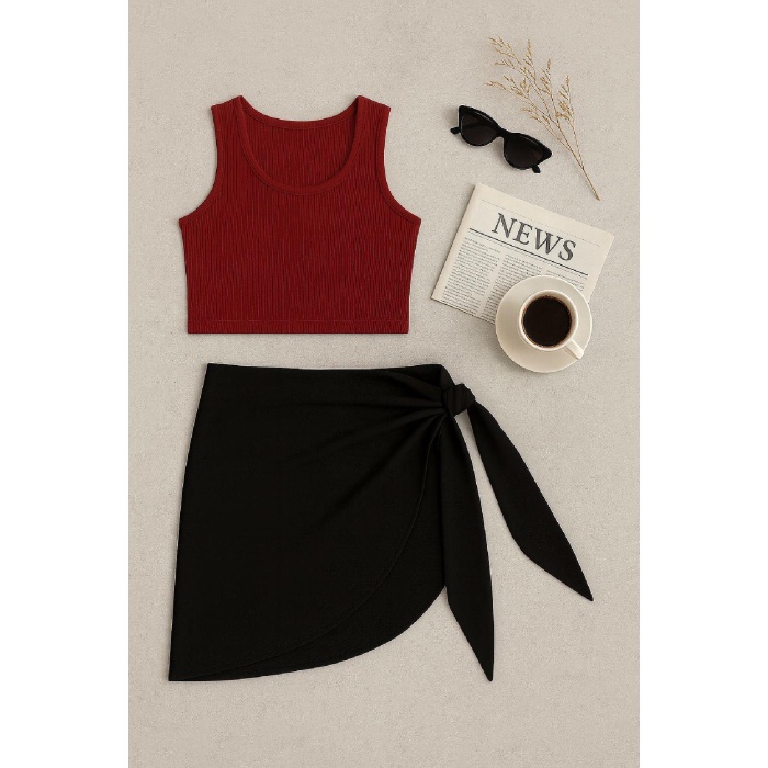 Kadın Bordo Yuvarlak Yaka Crop ve Siyah Pareo 2li Set – Modern ve Şık Tasarım